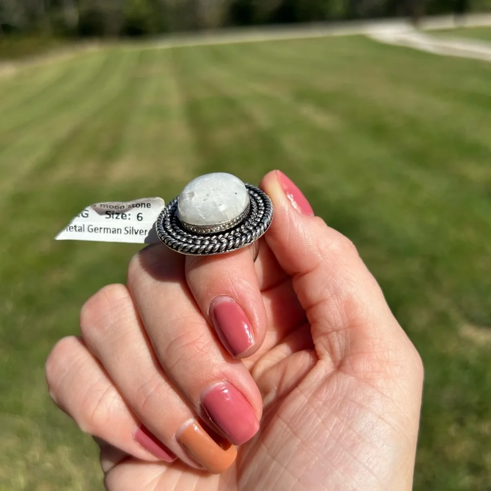German Silver Ring With Moonstone Size 6/ 1.25‎ Inches Long Braided NWT ornate